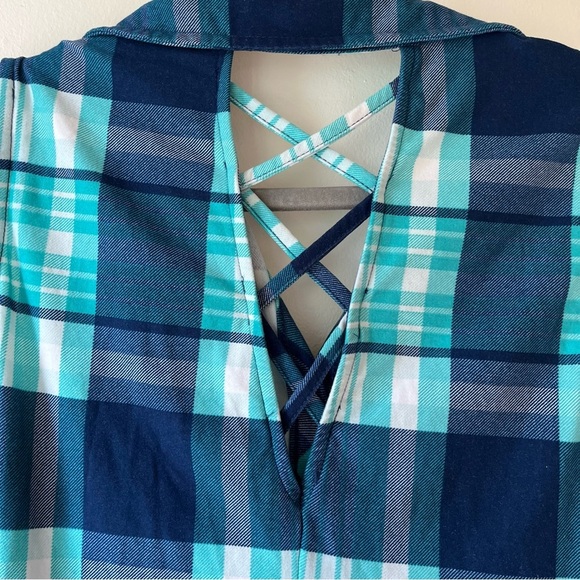 Ardene Plaid Sleeveless Button-Up Tank Top Small Crisscross Back Blue Green Soft - Picture 7 of 11